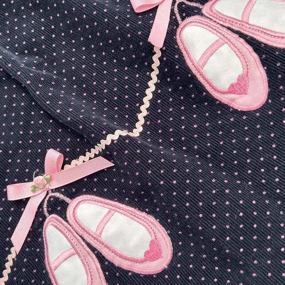 Vintage Navy Corduroy Polka Dot Dress with Pink Ballet Shoe Applique - Picture 4 of 10